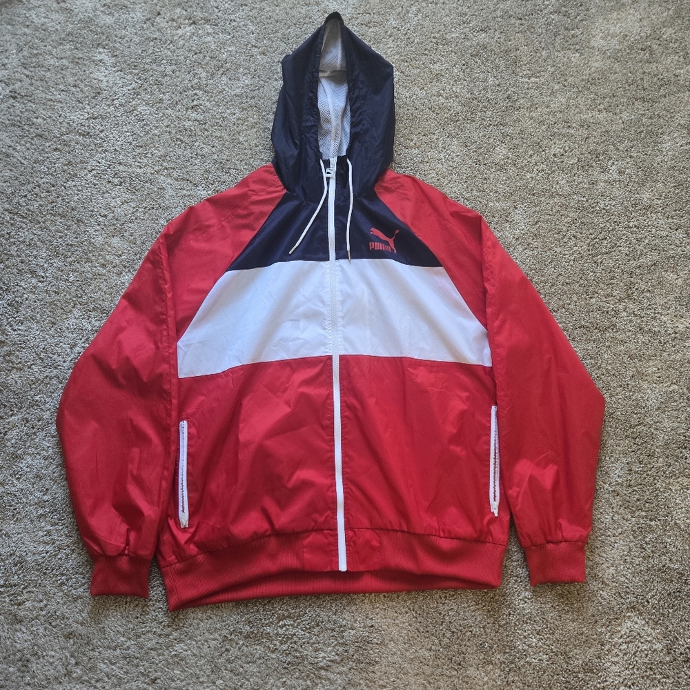 VINTAGE Puma Men's XXL Windbreaker Jacket Red White Navy Blue Colorblock NWOT
